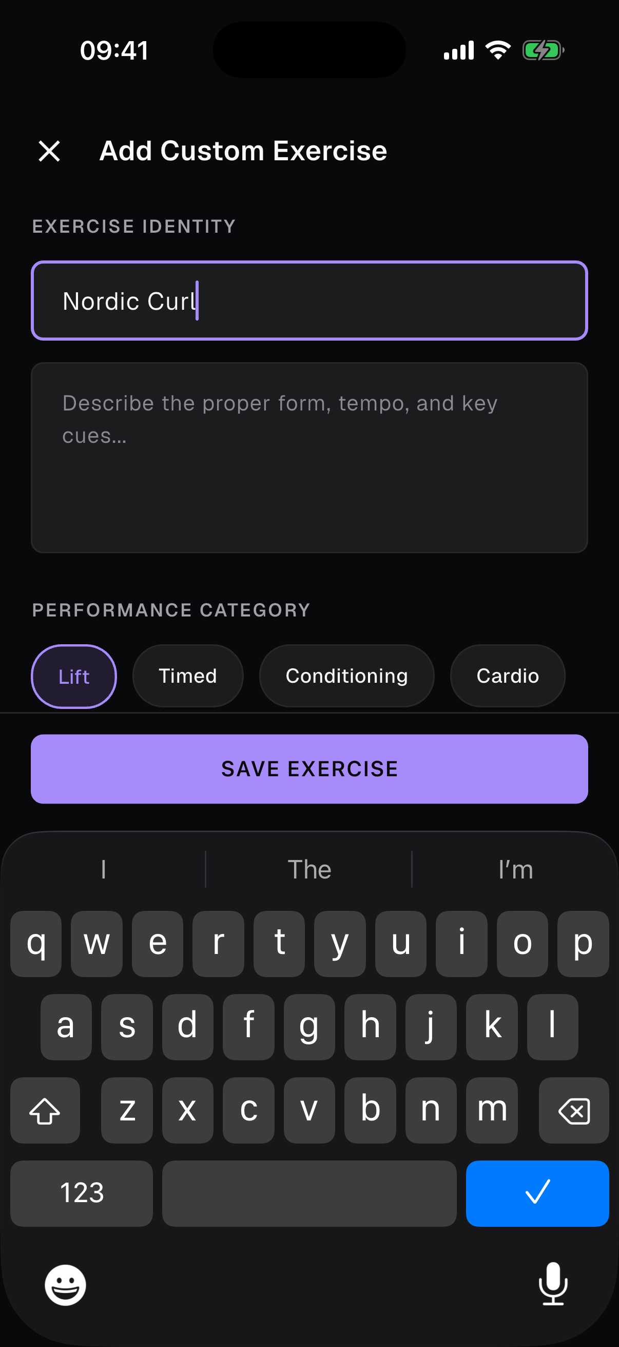 Add Custom Exercise screen with primary muscles auto-highlighted from the exercise name.