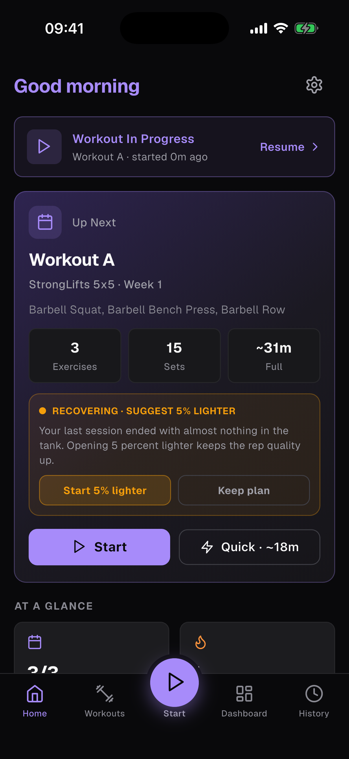 Beemoth dashboard showing a workout in progress, weekly schedule, 3-week streak, and muscle coverage versus the active programme