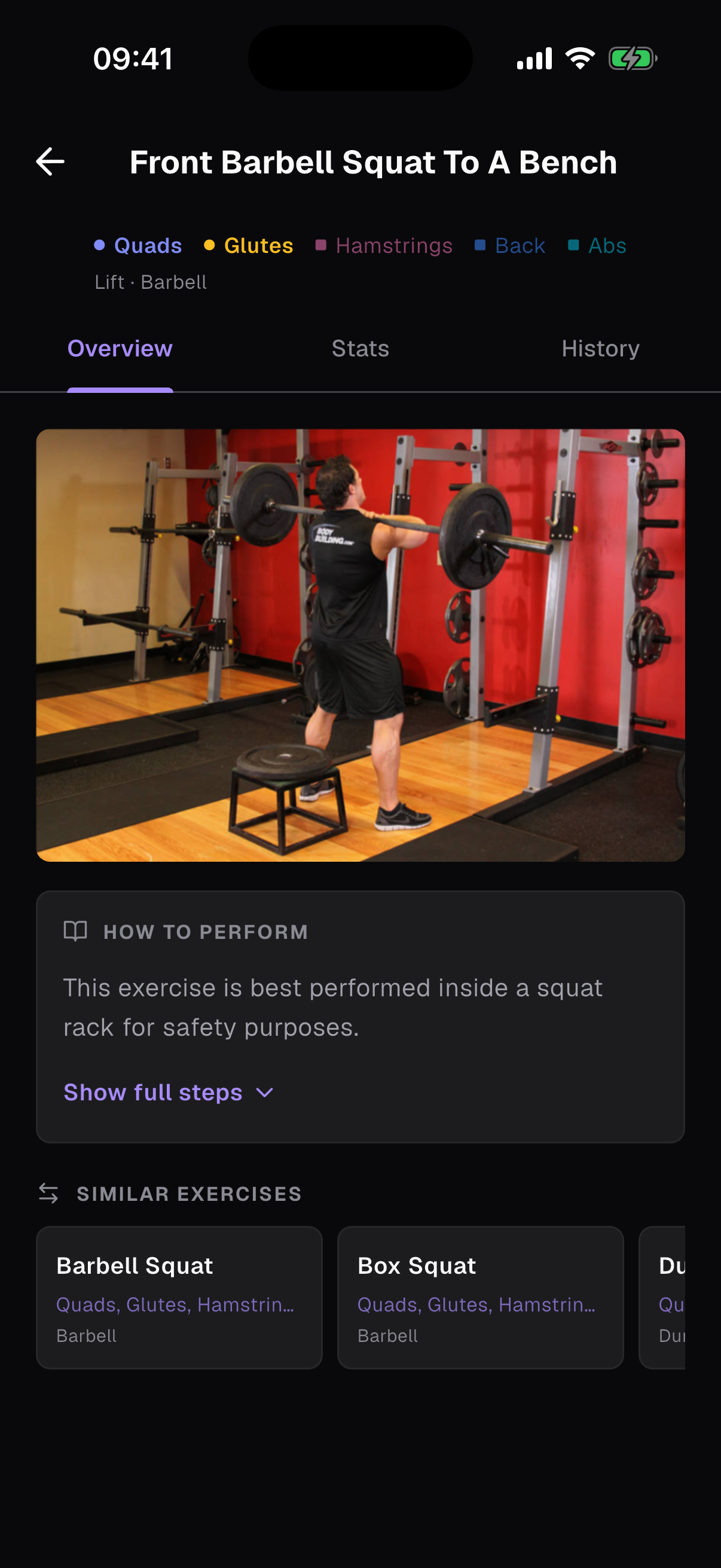 Barbell Bench Press detail view showing all-time 1RM, total volume, sessions, frequency, best set, current 4-week streak and a 1-month trend window.