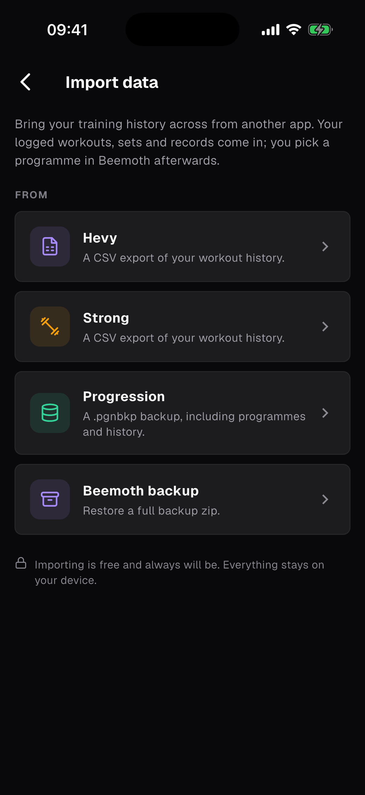 The import screen listing Hevy, Strong and Progression as one-tap sources