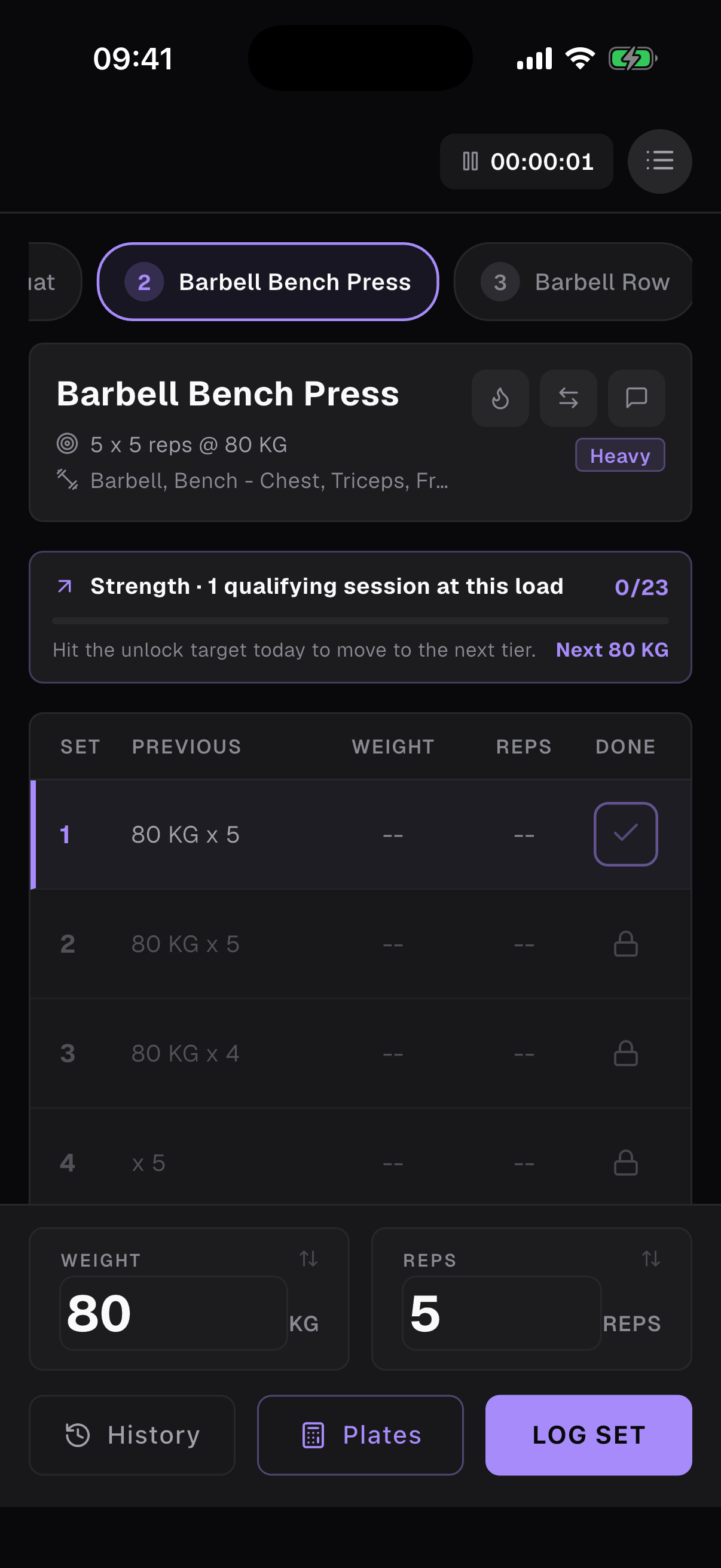 A working set screen showing the Strength lane with an unlock progress bar tracking qualifying sessions toward the next tier.