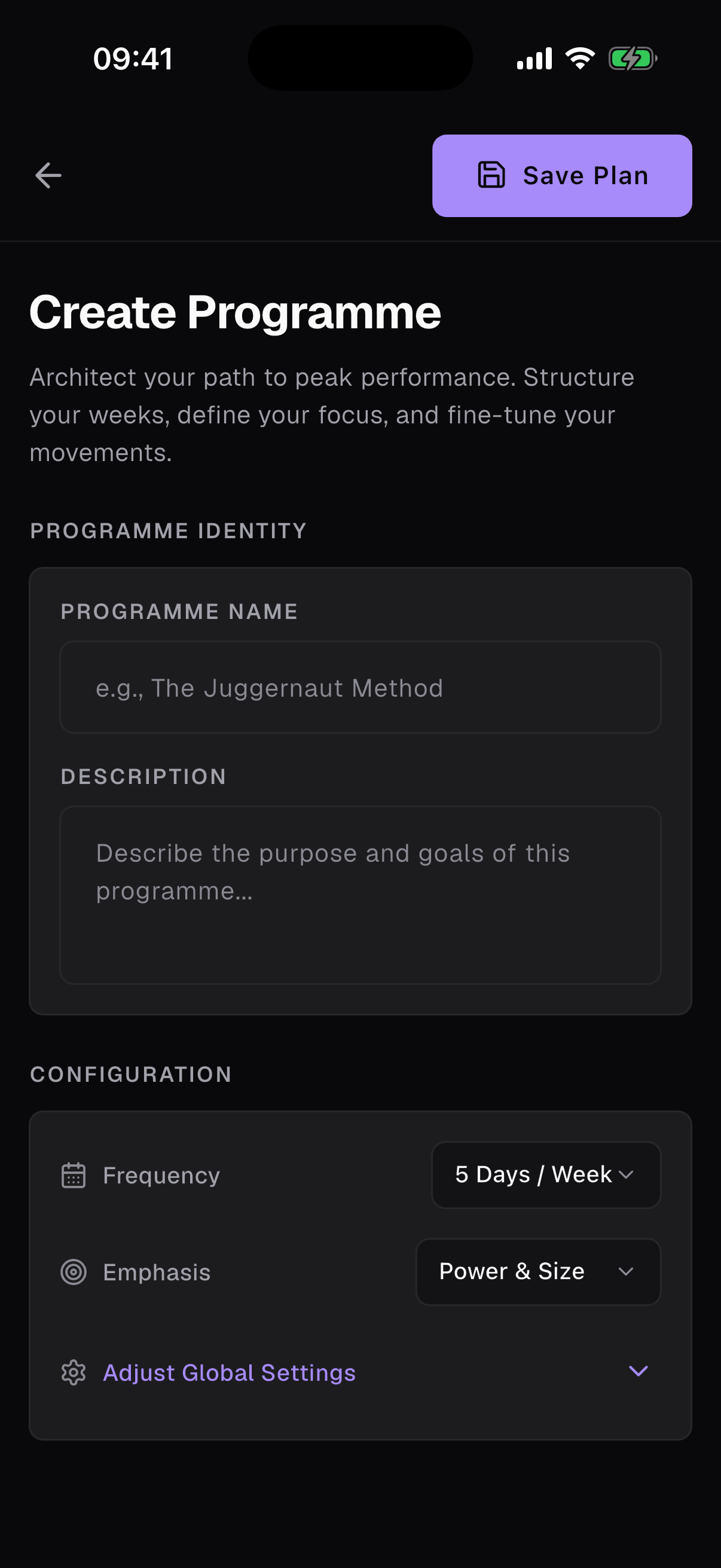 Create Programme screen with the prompt 'Architect your path to peak performance.'
