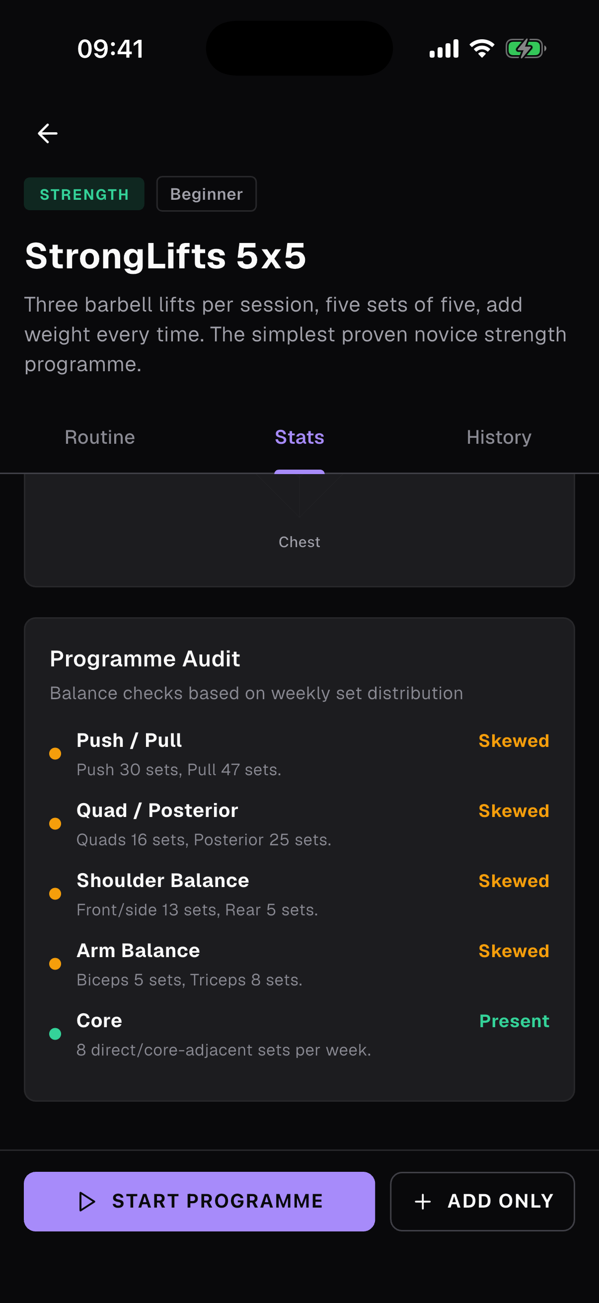 Programme audit for StrongLifts 5x5 flagging push/pull, quad/posterior, shoulder and arm balance, with core marked present.