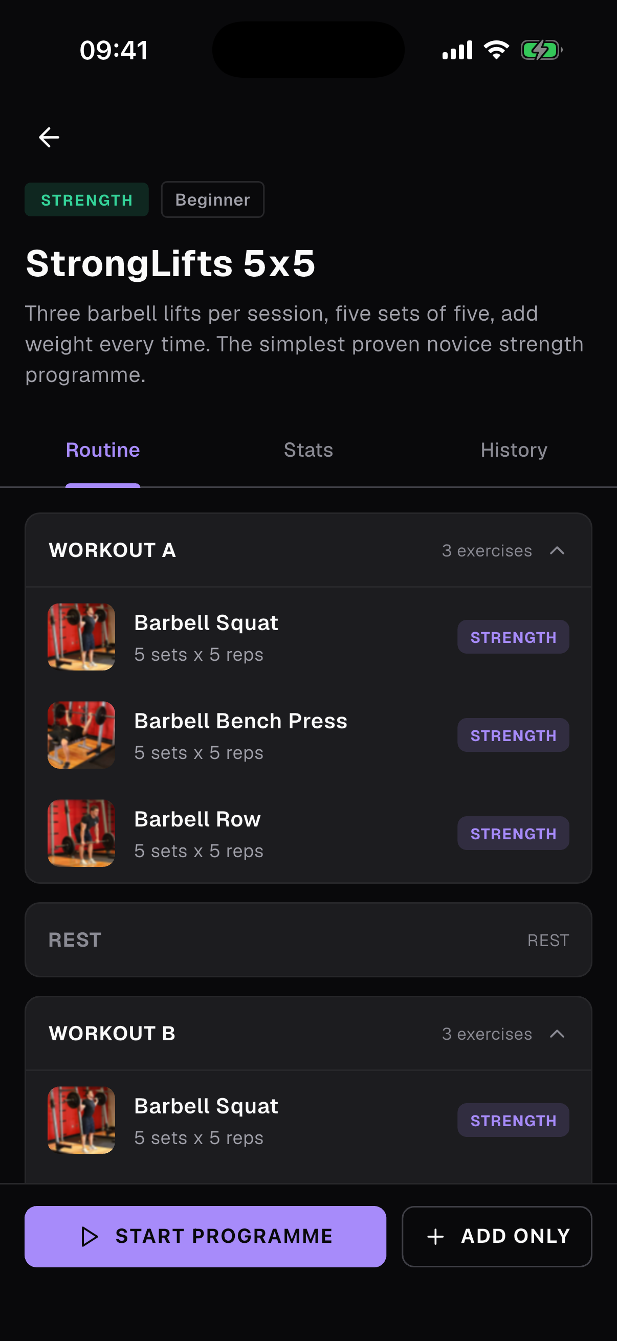 StrongLifts 5x5 routine: Workout A and Workout B with their exercises, sets and reps in order.